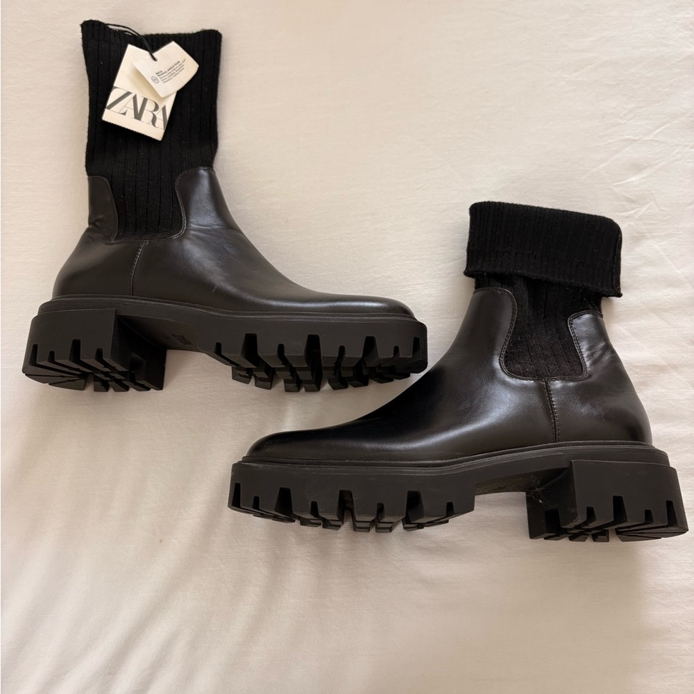 Zara Black socks Ankle Boots real leather 7.5
